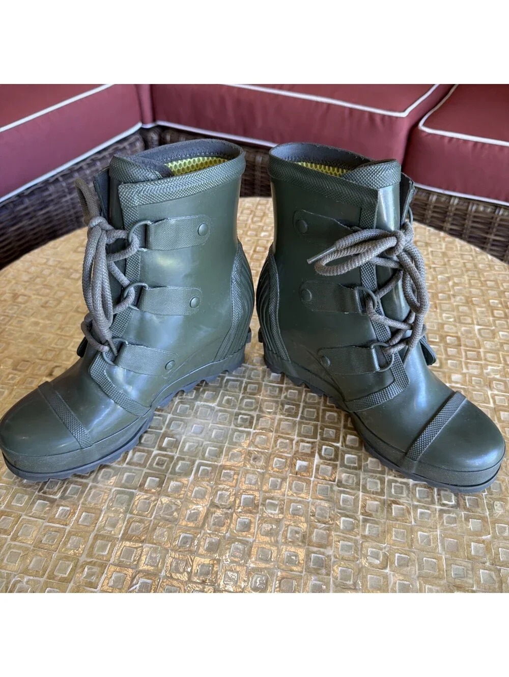 Sorel Womens Green Lace Up Wedge Heel Ankle Rain Boots Size US 8